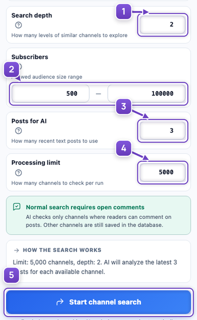 Search depth, subscriber range, post count and processing limit