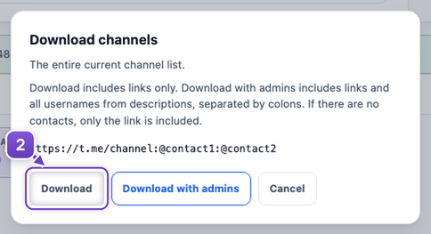 Matching channels and the dialog for downloading links with or without contacts