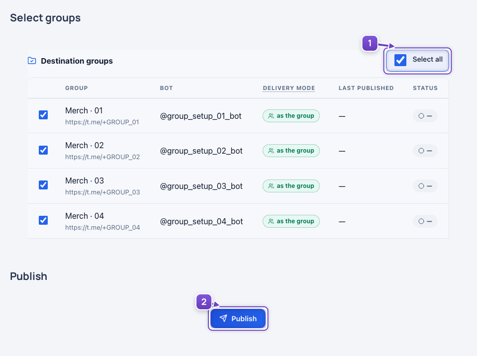 Select groups and publish